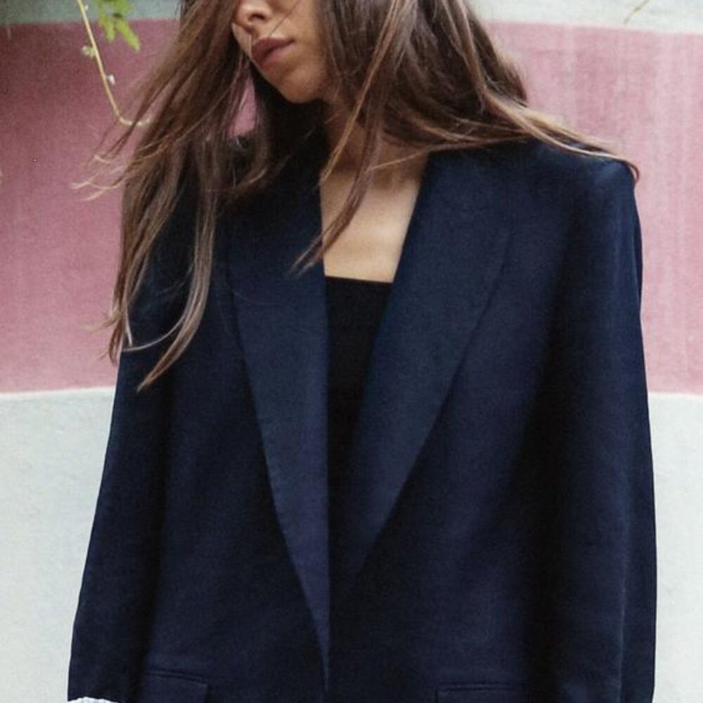 Zara Navy Linen Blend Open Front Blazer USA M NWT